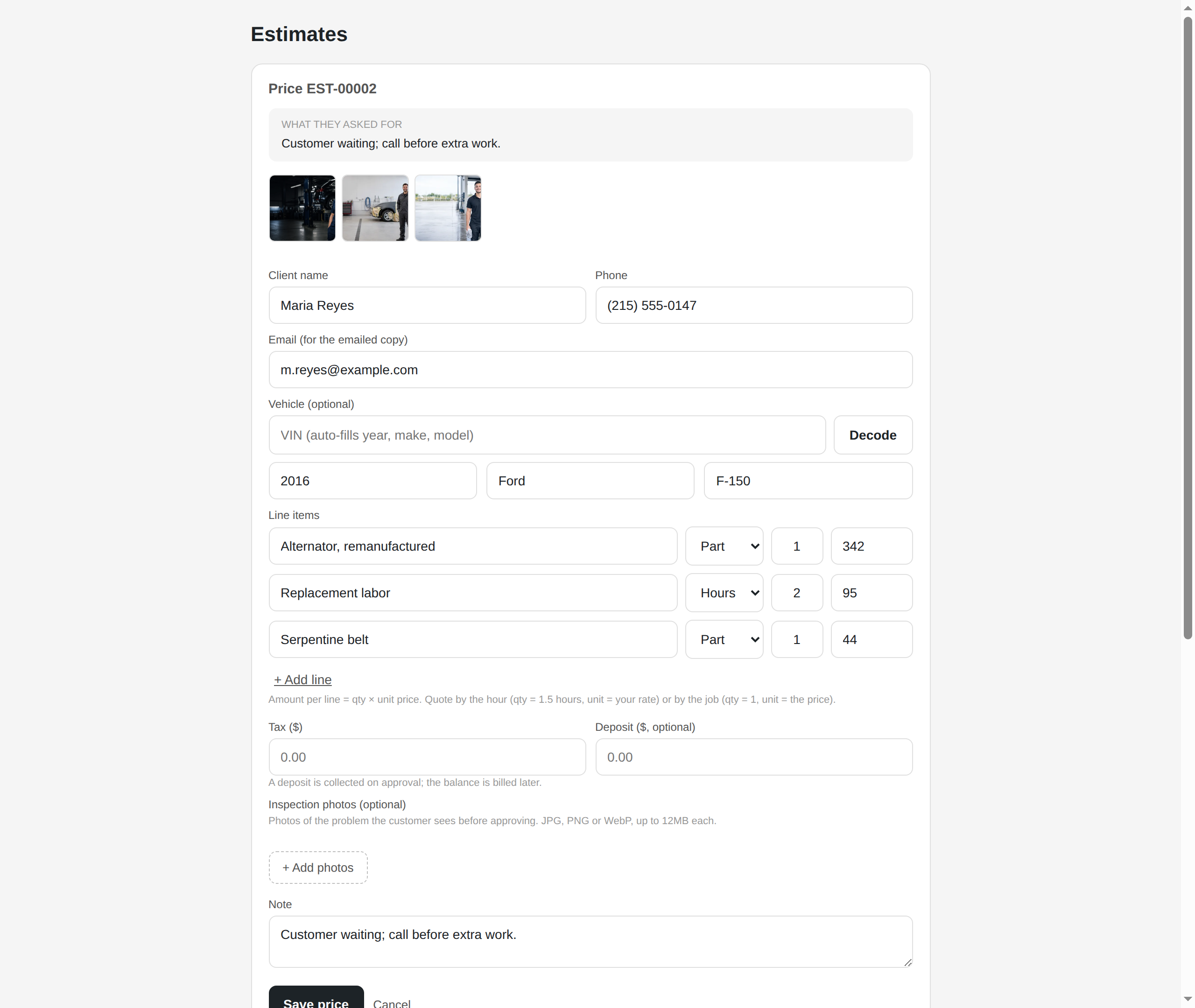Ingine auto repair software: a priced estimate with inspection photos