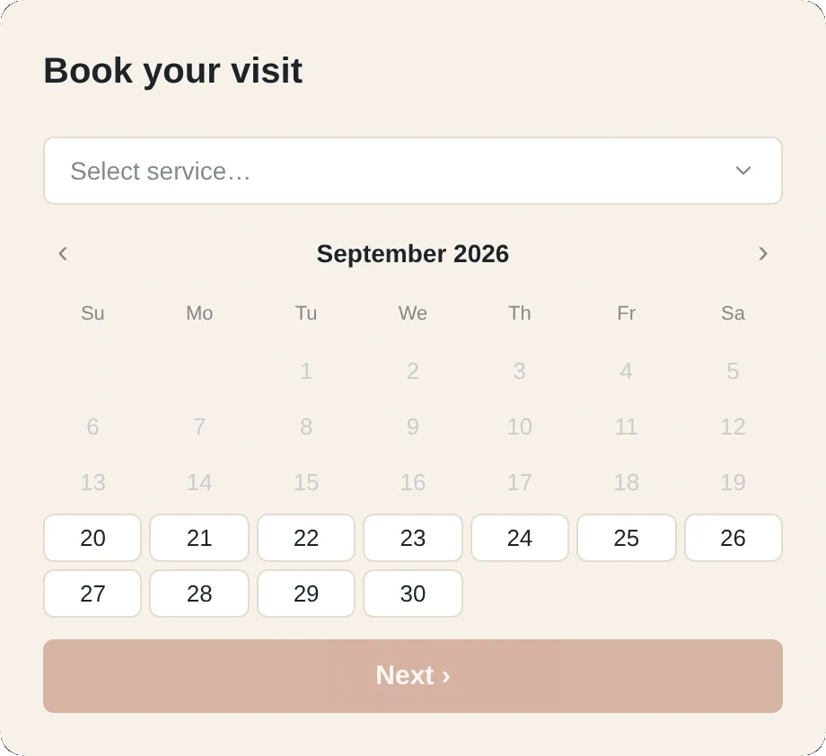 Booking panel on a client site: pick a service, pick a day, confirm