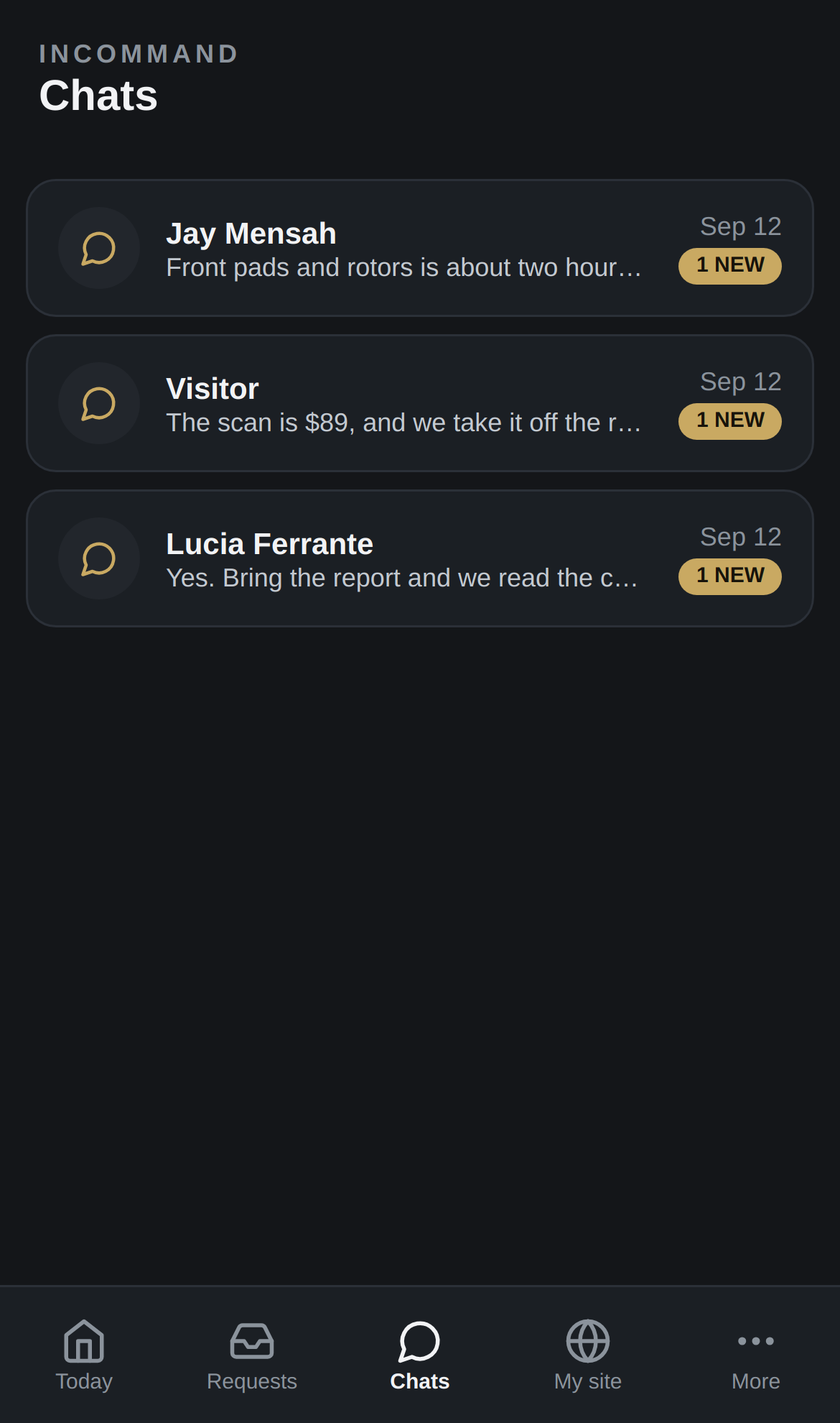 InCommand, the chats screen