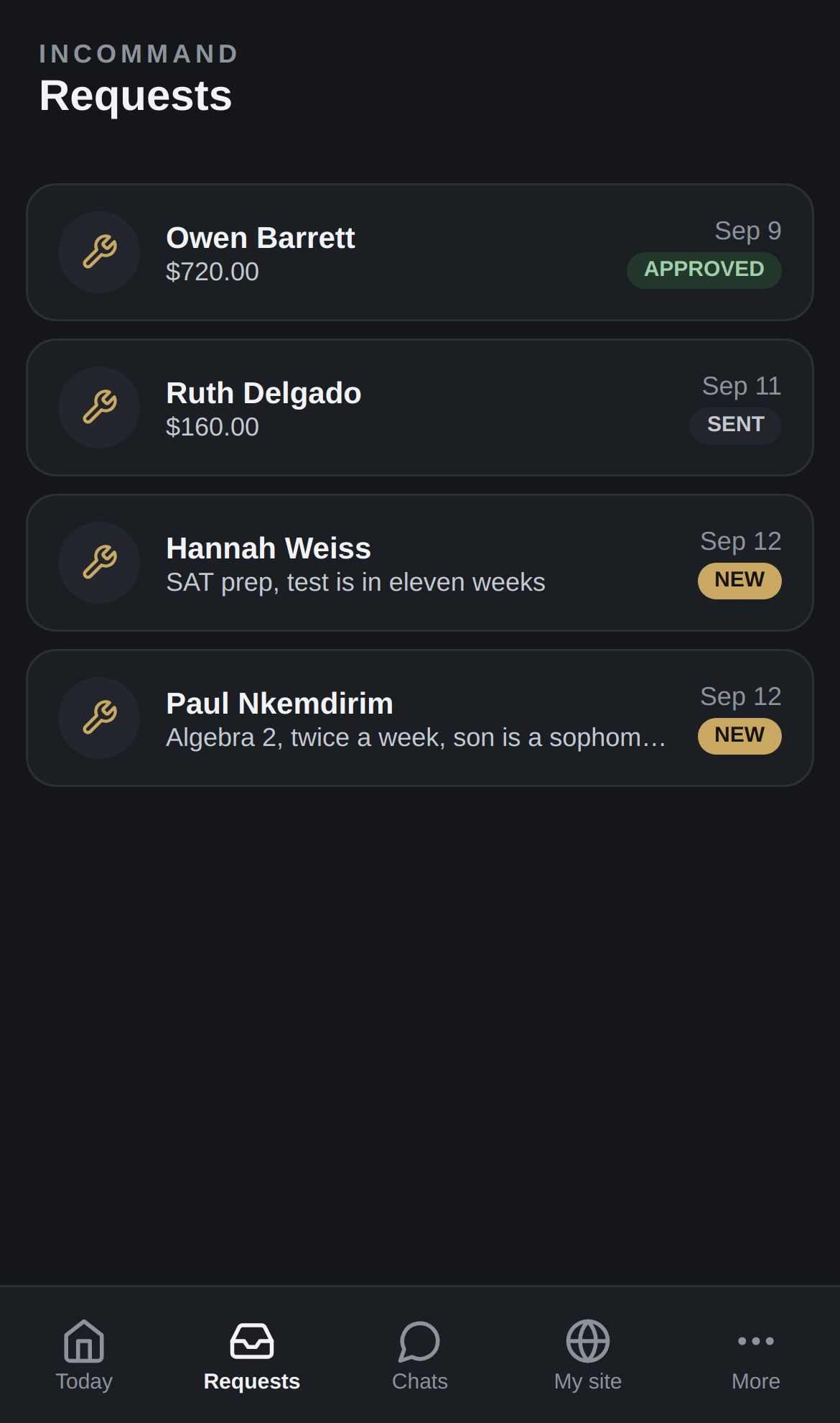 InCommand, the requests screen