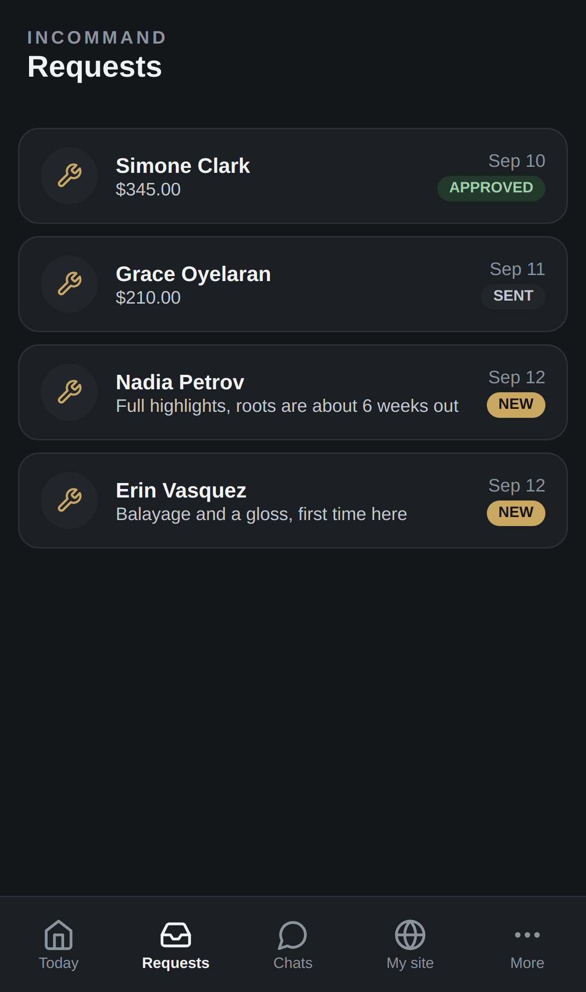InCommand, the requests screen