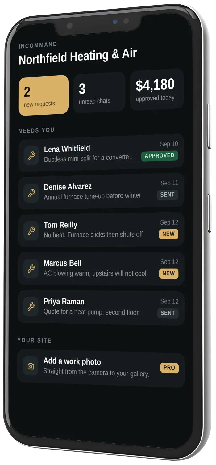 InCommand on a phone: new requests, unread chats and what needs the owner today