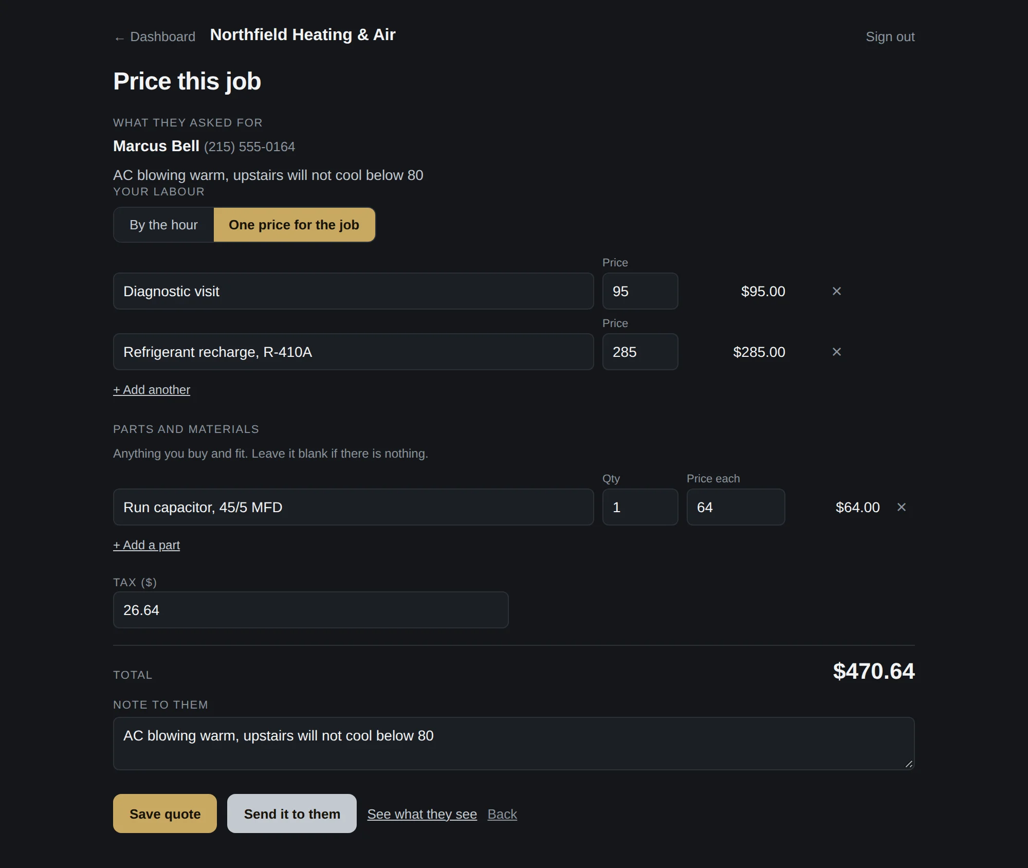 Installer: pricing a job with labor and parts