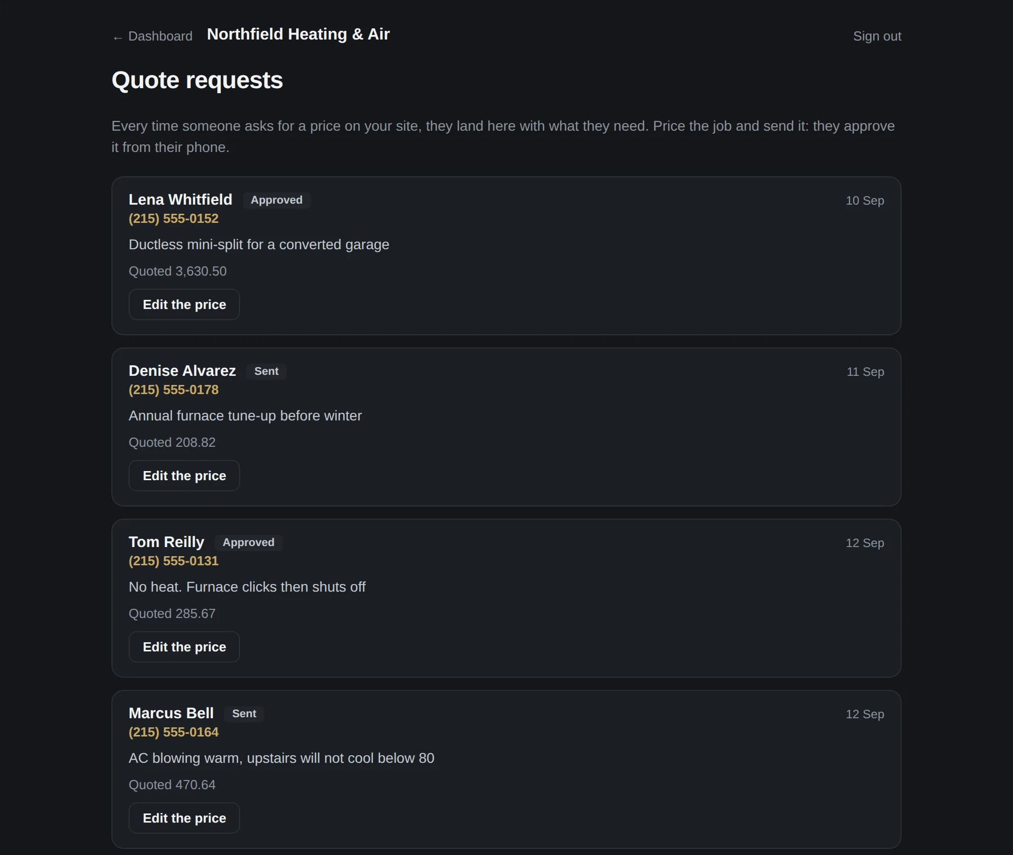 Installer: every quote request with its status and total