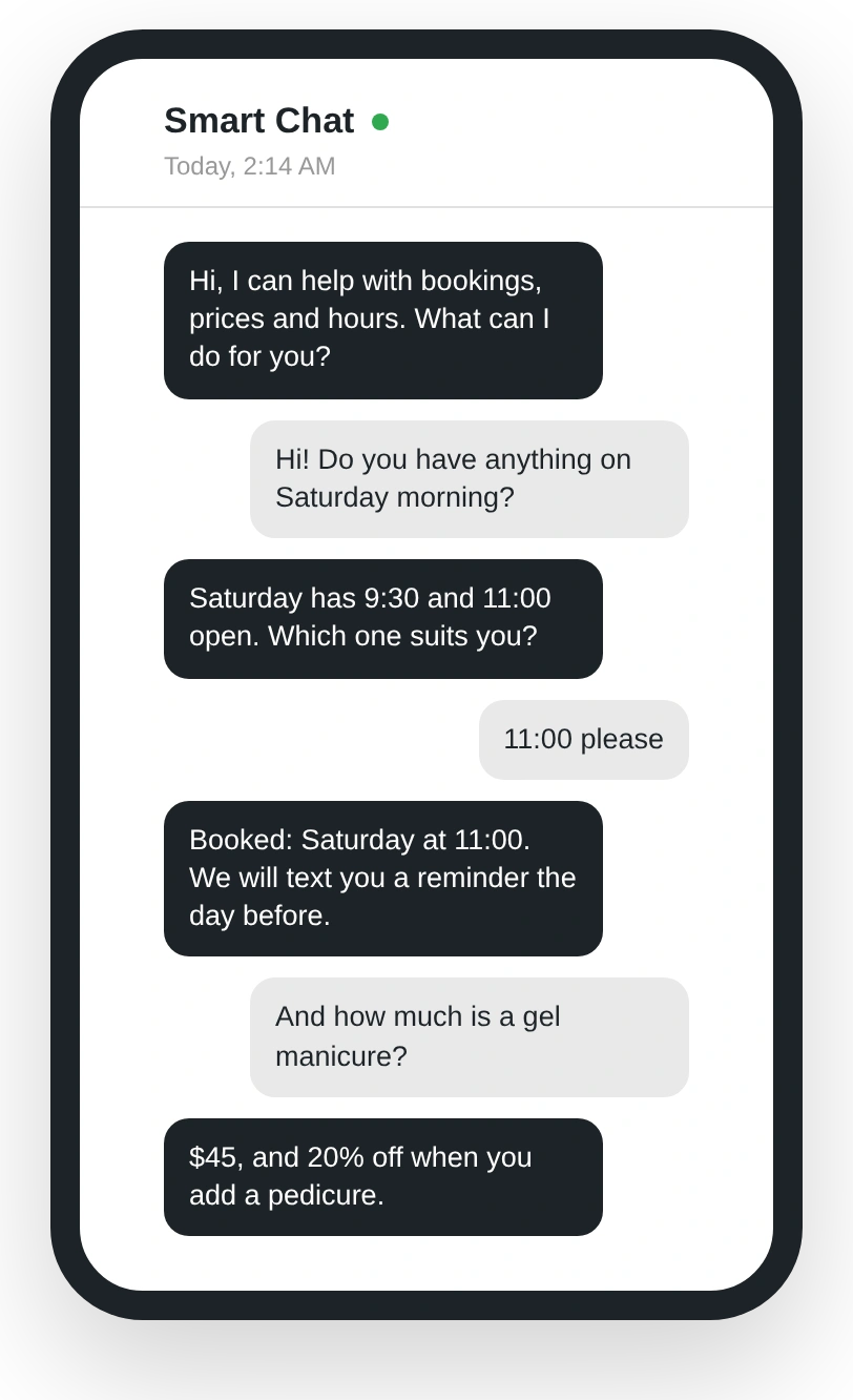 Smart Chat booking an appointment at 2 AM and quoting a price