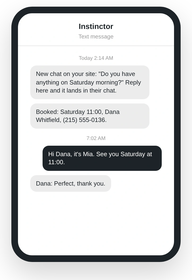 The owner gets a text, replies from the phone, and the answer lands in the chat