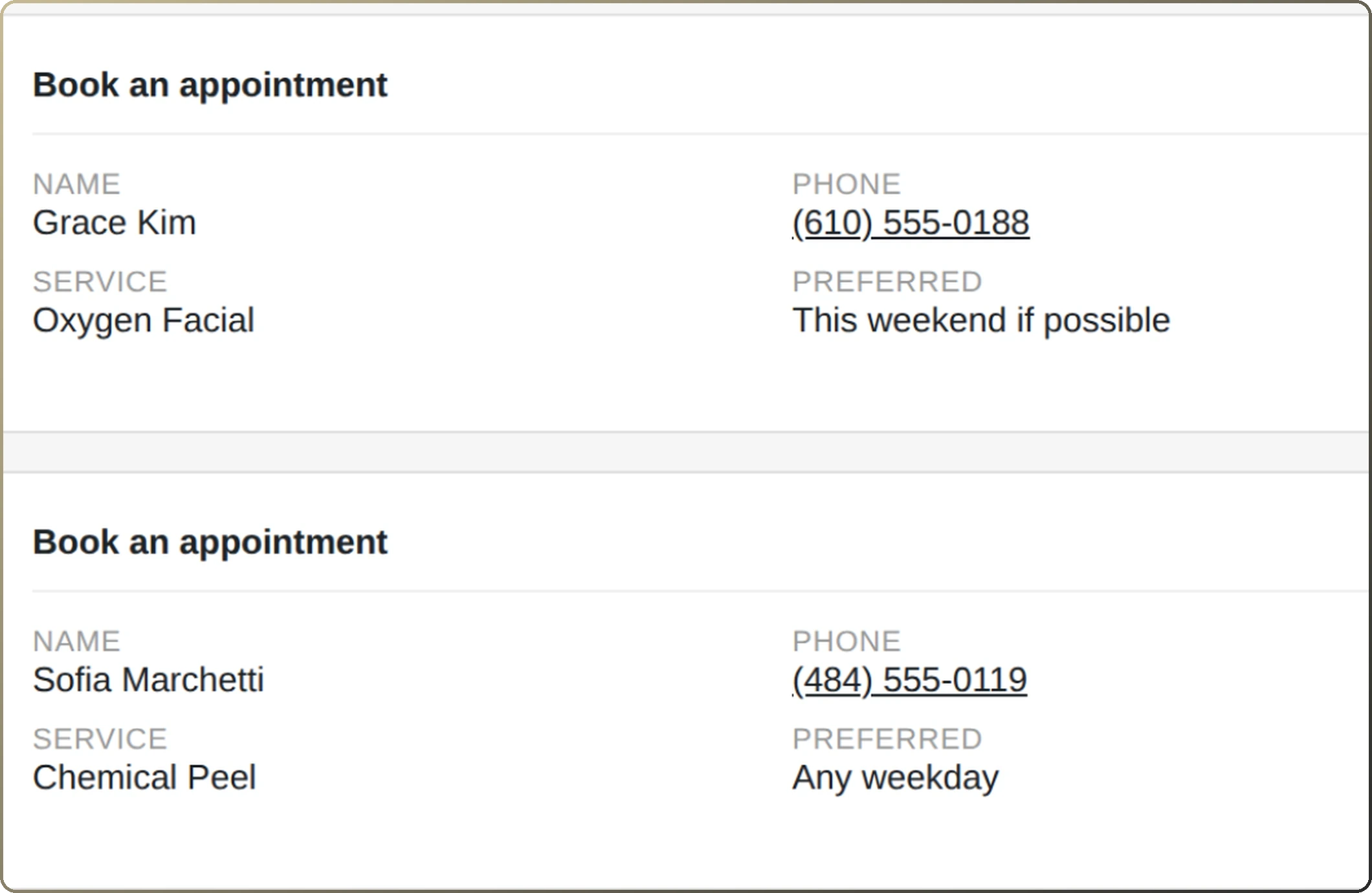 Booking requests in the salon back office, with the client name, phone, service and the time they asked for