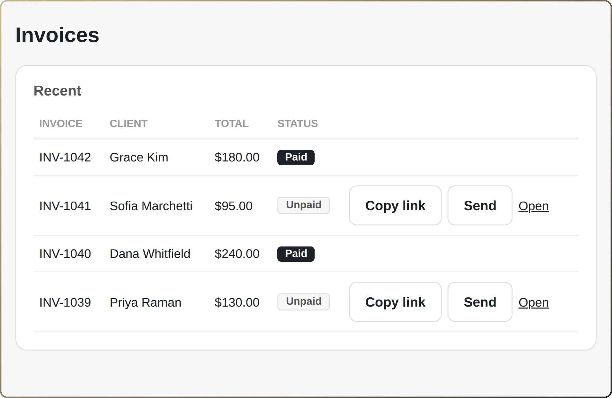 Recent invoices in the salon back office: invoice number, client, total, paid or unpaid, with Copy link and Send for the pay link