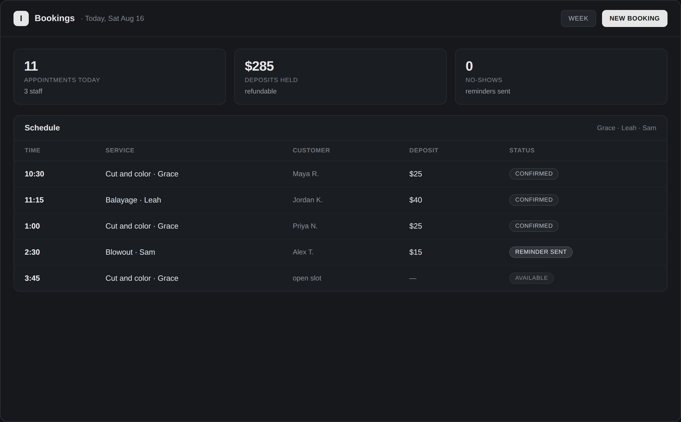 Bookings: every appointment, deposit and reminder in one view