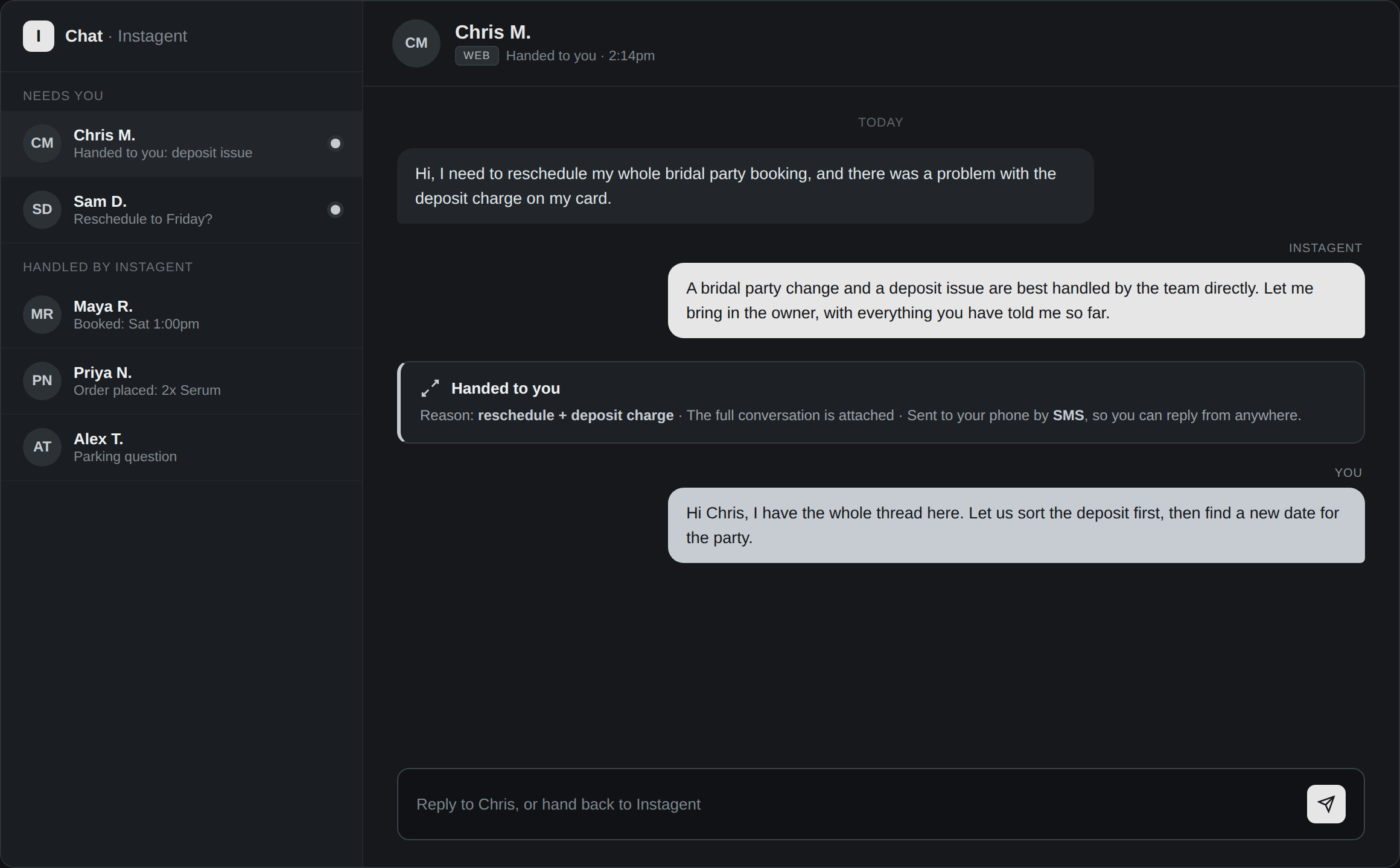 An Instagent handoff: the full conversation passed to the owner with an SMS note