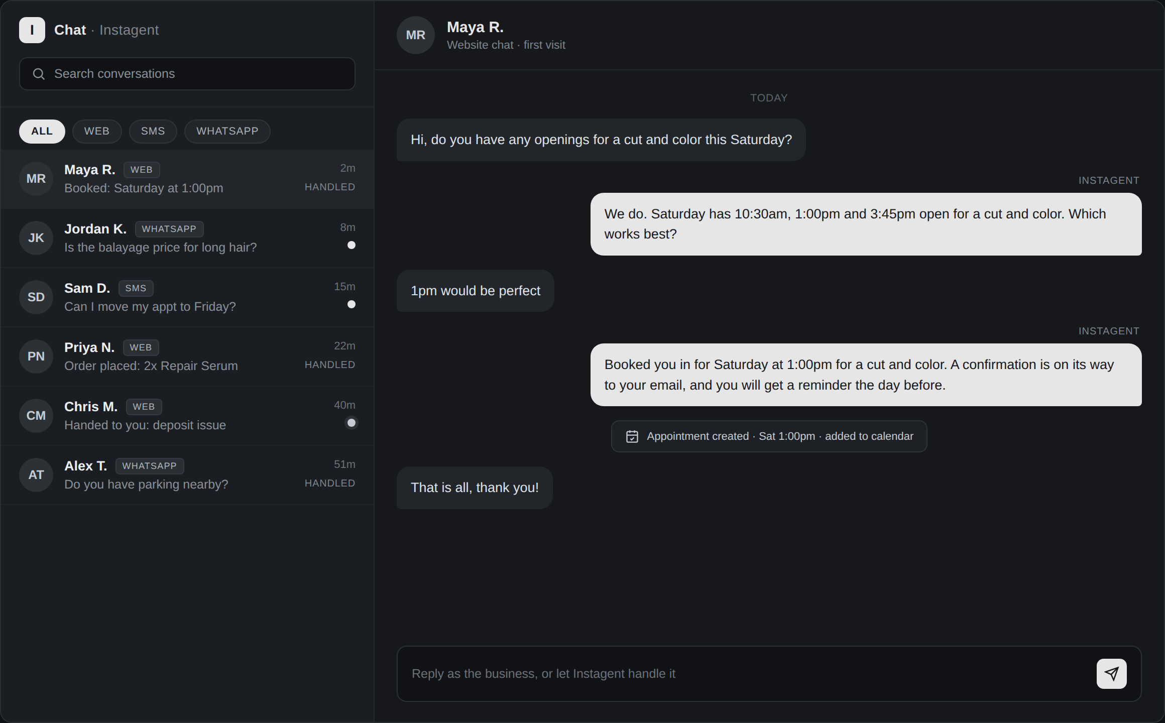 The Instagent inbox: website chat, SMS and WhatsApp in one place, with a booking handled live