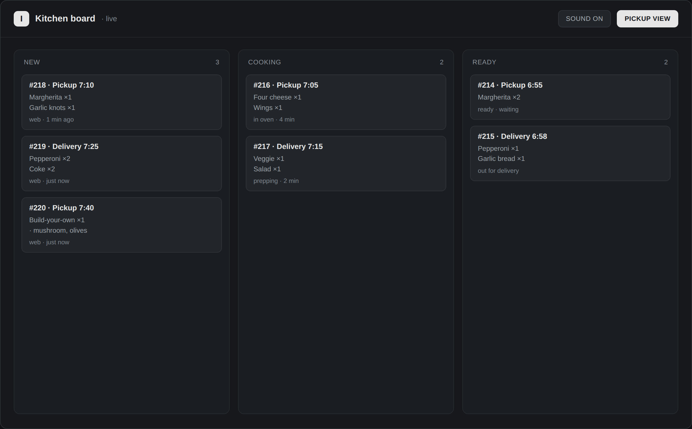 Kitchen board: every order timed and routed to the line